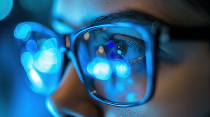 Close-up of eye with blue light reflections.