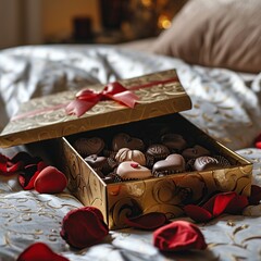 Obraz na płótnie Canvas Box with chocolates in the form of hearts on the bed. Valentine's Day
