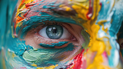 Eye amidst vibrant paint.