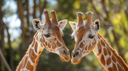 Two giraffes close together in nature.