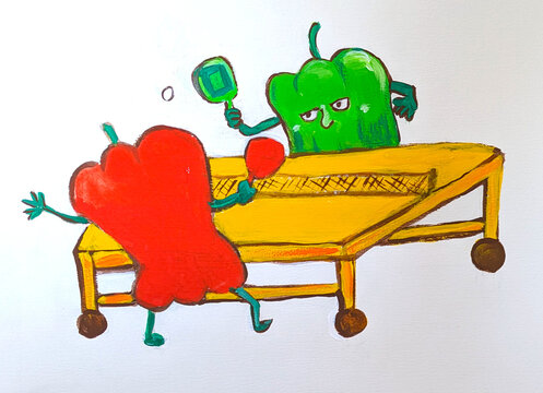 赤色と緑色のピーマンが卓球をしている、手描き、水彩、イラスト