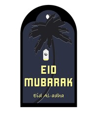 Festive Eid Mubarak tags showing crescent moon, star and palm tree.