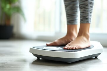 Fototapeta premium Women's feet on the scales, the problem of excess weight. 