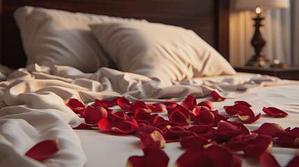 Obraz na płótnie Canvas Romantic bed with red rose petals in hotel room, closeup