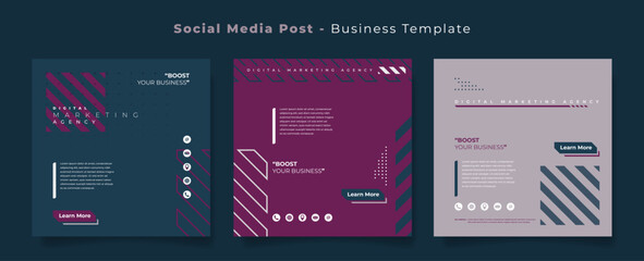Social media post template for advertising equipment in purple with active background design