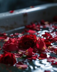 Red rose petals floating in a bathtub. Selective focus.