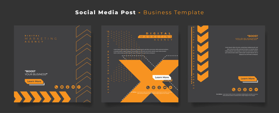Social media post template with black and orange active background for digital advertising design