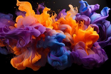 Vibrant orange and electric violet liquids clash in a dynamic explosion, producing an intense and visually striking abstract display that captivates the viewerr