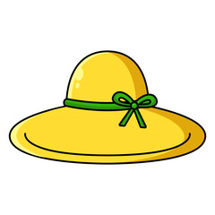 Yellow gardening hat with green ribbon, digital art illustration