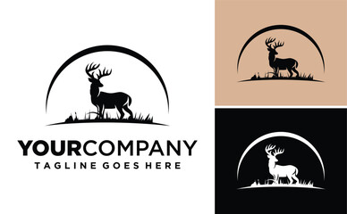 Silhouette Deer  with Tree vector logo design