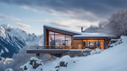 modern cottage on a snowy mountain
