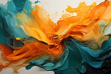 Vibrant orange and emerald green liquids clash, creating a breathtaking abstract composition filled with explosive energy and vivid colors - obrazy, fototapety, plakaty