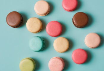 Top view of colorful cake macarons or macaroons on a turquoise background, pastel almond cookies, vintage card aesthetic