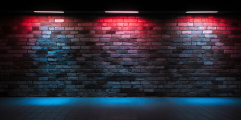 Lighting effect in red and blue on empty brick wall.AI Generative
