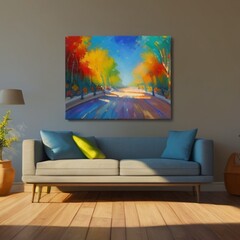 Living room with sofa,  bright and spacious living room with a captivating focal point: a large, colorful painting hanging on the wall above a modern blue sofa