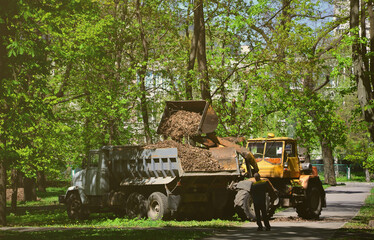 The city improvement team removes the fallen leaves in the park with an excavator and a truck....