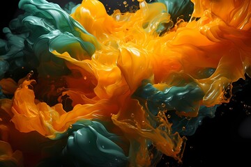 Vibrant tangerine and electric green liquids colliding with explosive force, forming a captivating and intense abstract display, perfectly documented by an HD camera