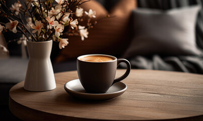 Obraz na płótnie Canvas Artistic Coffee Presentation with Floral Decor in Contemporary Living Space