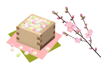 ひな祭り　ひなあられと桃の花のイラスト