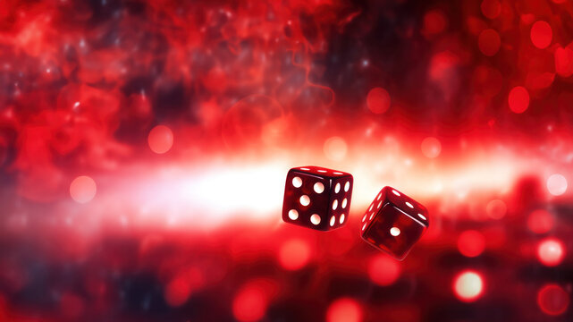Fiery Dice Roll: A Surreal Gambler's Dream in Red Bokeh, Horizontal Poster or Sign with Open Empty Copy Space for Text
