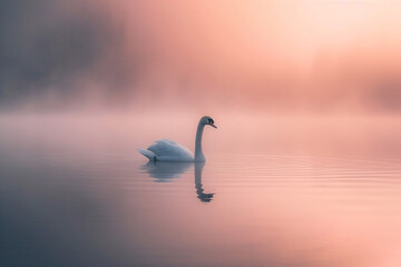 Swan Silhouette in Pink Hued Mist Calm Waters at Sunset