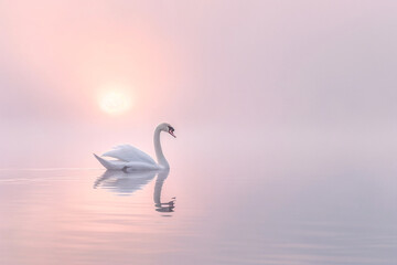 Fototapeta premium Swan Silhouette in Pink Hued Mist Calm Waters at Sunset