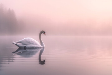 Swan Silhouette in Pink Hued Mist Calm Waters at Sunset