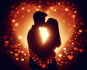 romantic silhouette of man and woman couple together in love with orange heart background - 708289432