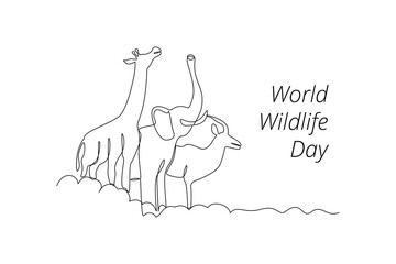 Continuous one line drawing World wildlife day concept. Doodle vector illustration.