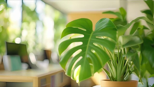 Macro shot of a vibrant green monstera plant in a corner of an office.