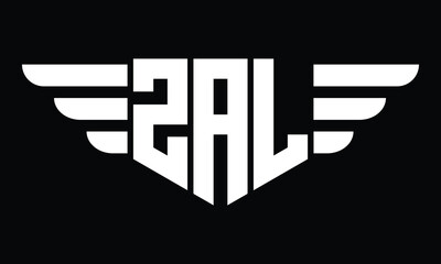 ZAL three letter logo, creative wings shape logo design vector template. letter mark, word mark, monogram symbol on black & white.	