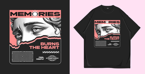 Memories, Dramatic urban t-shirt design. Romantic streetwear vector illustration for t-shirt and poster. Girl apparel and clothing design