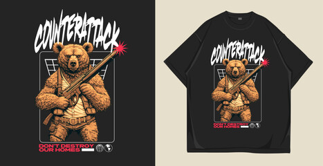 Bear holding a weapon graphic t-shirt design vector illustration. Urban streetwear trendy stylish poster and t shirt design for print. 