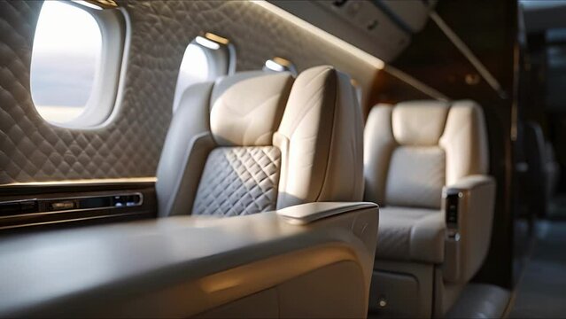 Fly in style and comfort with this private jets bespoke seating options. The sleek and modern design of the seats is enhanced by the natural light filtering through the overcast skies, creating