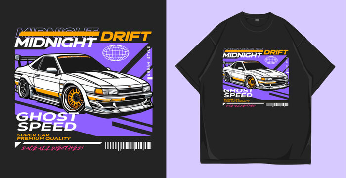 Midnight drift car t shirt design vector. Automotive urban graphic for t shirt print. Geometric illustration for apparel and clothing