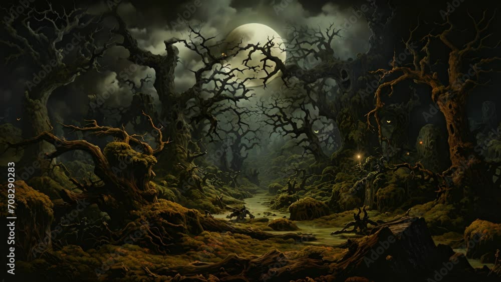 Poster withered gnarled trees caked in dead moss illuminated by a moonlight creating a surreal otherworldly