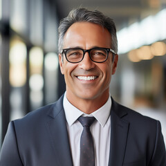 Fototapeta premium Portrait of a happy middle aged businessman, older mature entrepreneur wearing glasses in blurred background