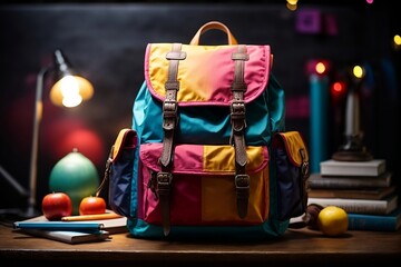 A vibrant and colorful backpack stands out against the dark blackboard, filled with all the necessary supplies for a successful day at school, concept of back to school. - Powered by Adobe