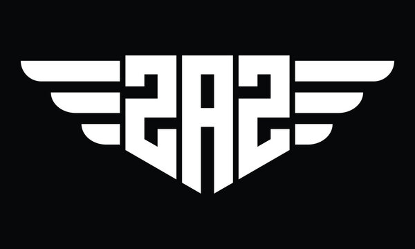 ZAZ three letter logo, creative wings shape logo design vector template. letter mark, word mark, monogram symbol on black & white.	