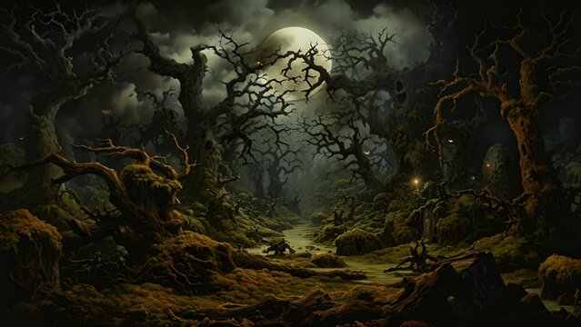 Withered gnarled trees caked in dead moss illuminated by a moonlight creating a surreal otherworldly atmosphere.