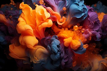 Vivid orange and midnight indigo liquids colliding in a cosmic explosion of color.