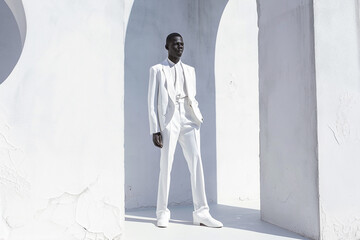 Fashion shot of a beautiful young african-american man in elegant white suit. Studio shot.	
