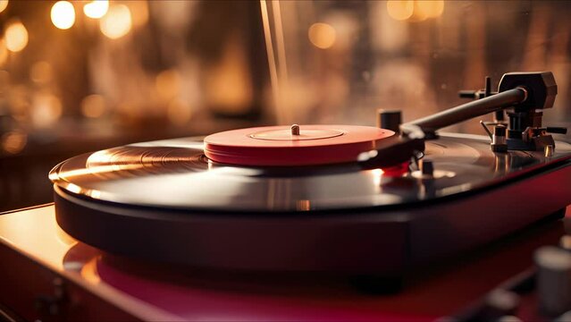 Closeup of a modern vinyl record player resting on a vintage desk.