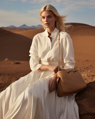 fashion outdoor photo of beautiful sensual woman in elegant white dress, white shirt, white pants and leather handbag, posing in the desert. earthy coastal landscape, cinematic.	
