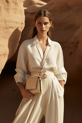 fashion outdoor photo of beautiful sensual woman in elegant white dress, white shirt, white pants and leather handbag, posing in the desert. earthy coastal landscape, cinematic.	
