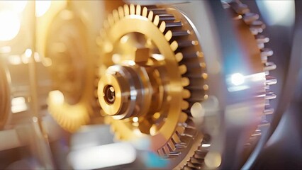 Closeup of the spinning gears and mechanisms inside a wind turbine, converting wind into electricity.