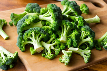 A bunch of fresh broccoli florets on a cutting board