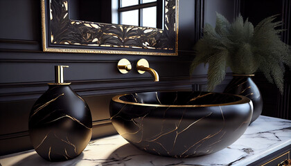 Elegant black gold bathroom interior with marble countertop and modern vessel sink, Ai generated image
