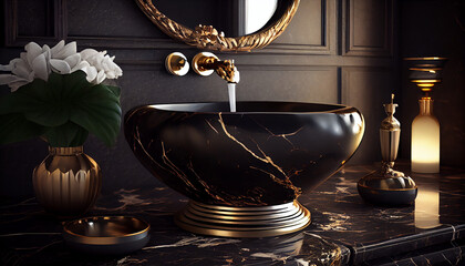 Elegant black gold bathroom interior with marble countertop and modern vessel sink, Ai generated image - obrazy, fototapety, plakaty