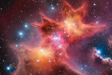 Fototapeta na wymiar A vivid portrayal of a star cluster forming within a nebula, with bright young stars illuminating the surrounding gas clouds